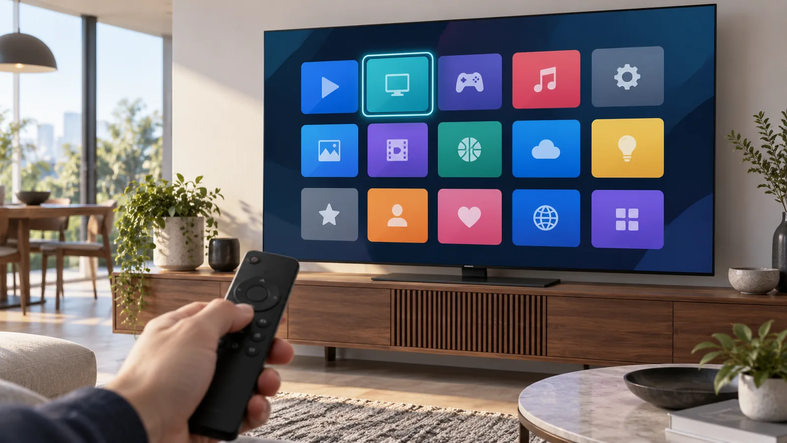 Illustration for how to set up IPTV on a Samsung Smart TV, showing a generic television app grid